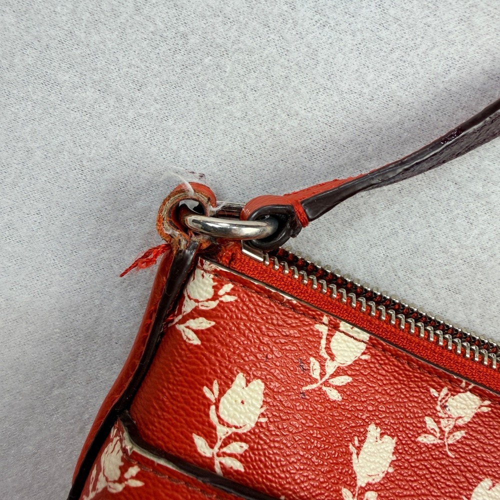 Coach East West Red Floral Rose Print Leather Crossbody Bag Silver Hardware - Picture 3 of 8